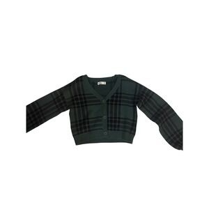 Hollister Green Plaid Cropped Cardigan Sweater Women's XS Balloon Sleeve V Neck